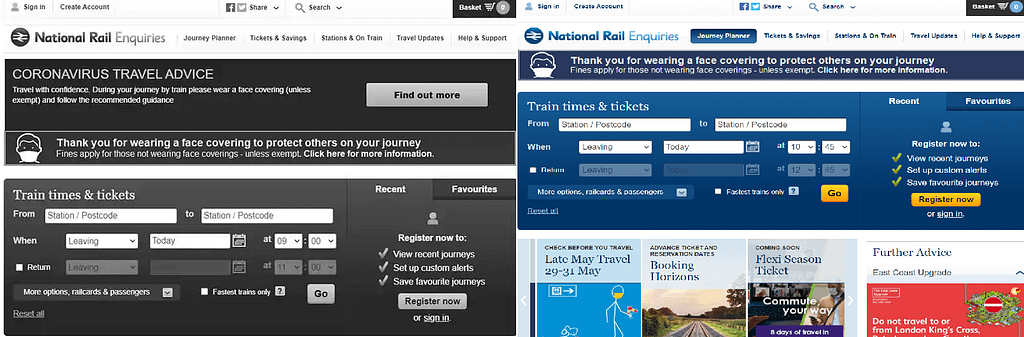 On the left is National Rail’s grayscale design and on the right is their usual blue and white design.