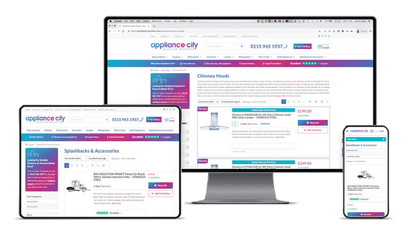 Responsive design of a website shown on a desktop, tablet and mobile screen