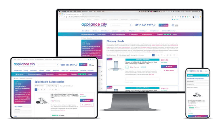 Responsive design of a website shown on a desktop, tablet and mobile screen