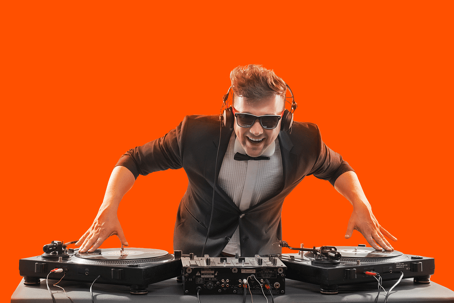 DJ on an orange background