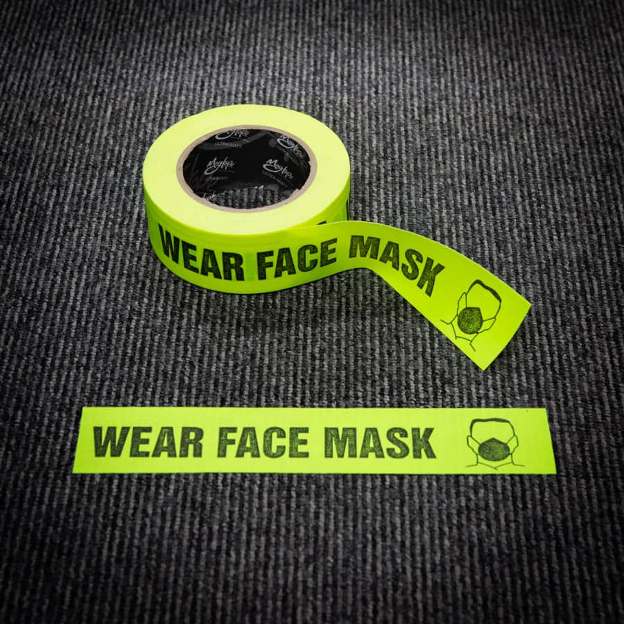 Wear Face Mask Floor Marking Tape. Used on short pile office carpet