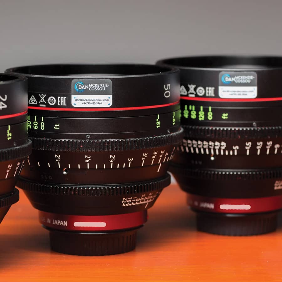Le Mark Equipment Labels identify ownership of camera lenses for Dan Mckenzie-Cussou