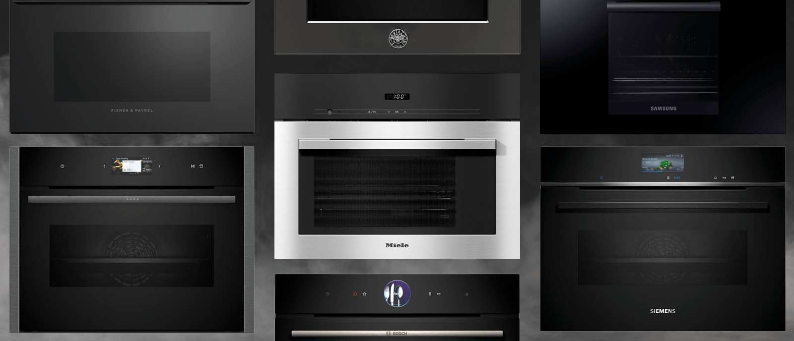 Feature image showing multiple steam ovens against smoky background. Ovens are from multiple brands including Miele, Siemens, Neff, Samsung, Bertazzoni, Fisher & Paykel, and Bosch.