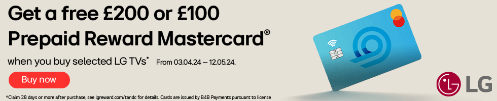 Get a free £100 or £200 Prepaid Reward Mastercard when buying a selected LG TV