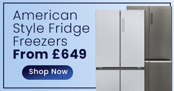 Message saying "American style fridge freezers from £649" on a blue background with two American style fridge freezers beside it.
