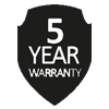 Grey shield with '5 year warranty' text in the centre