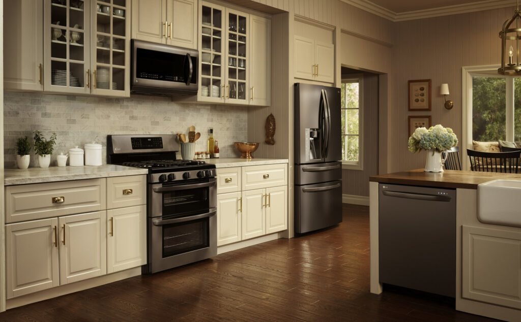 black steel kitchen with cream cupboards