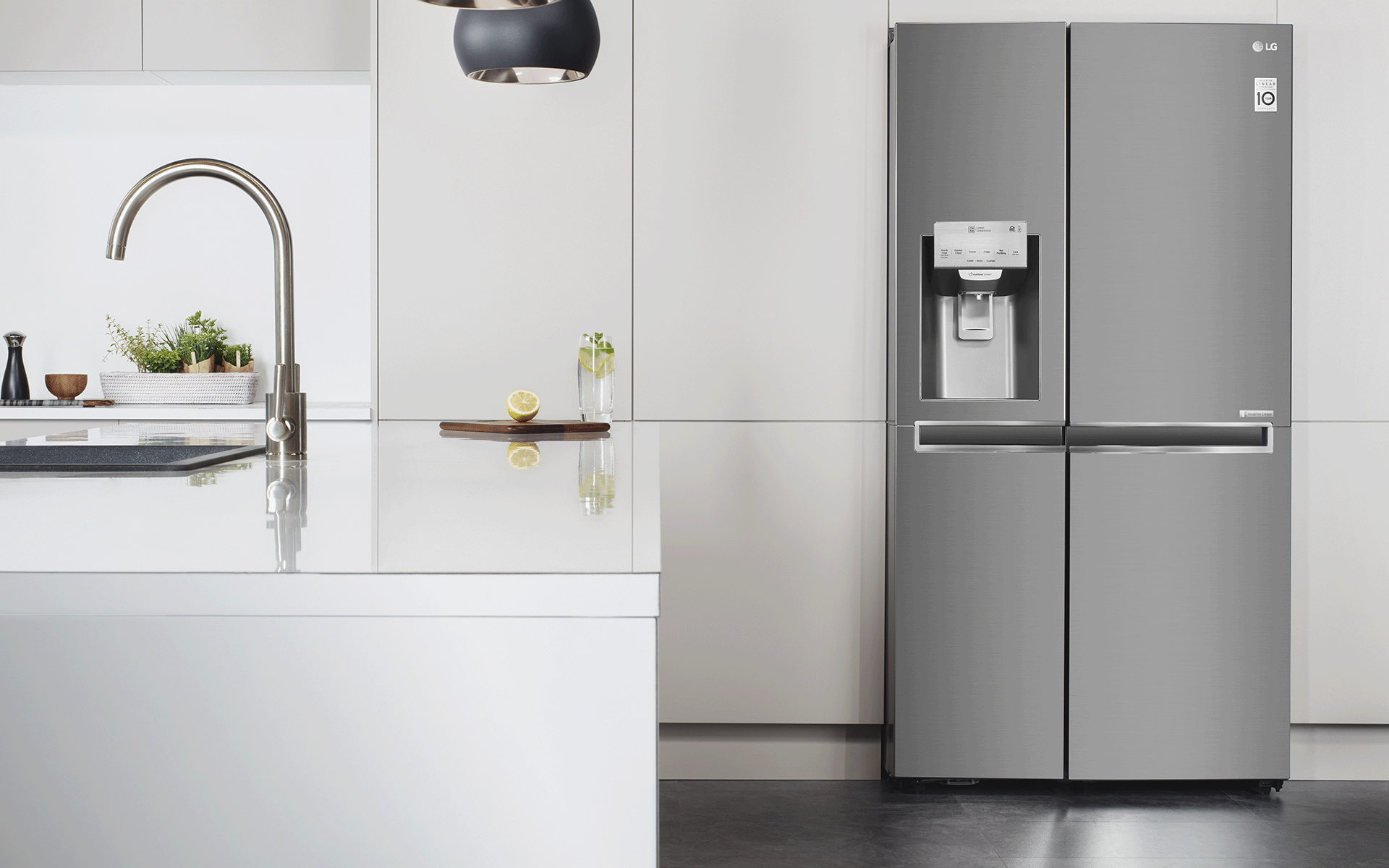 LG American Style Fridge Freezer installed in a white kitchen