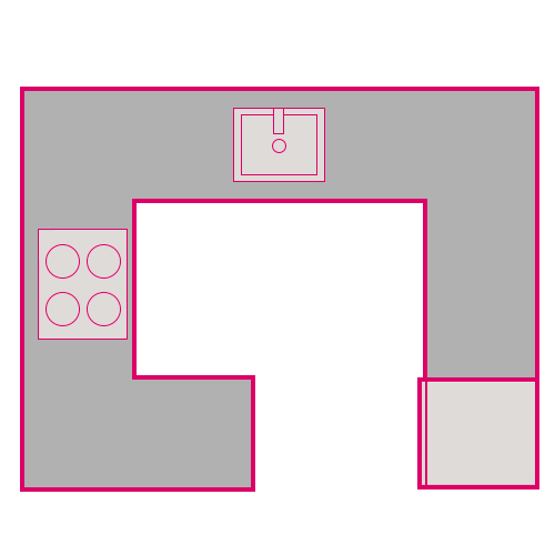 A G-shaped, or peninsula, kitchen layout