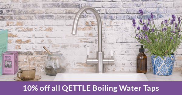 QETTLE boiling water tap in a rustic kitchen featuring lavender and a Belfast sink. The message says: 10% off all QETTLE boiling water taps