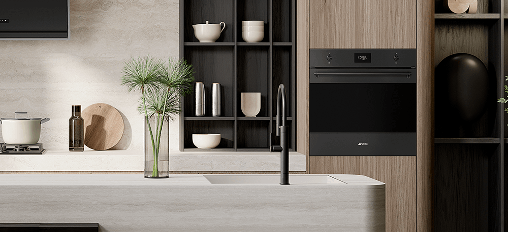 A kitchen featuring a black Smeg SFP6301TVN classic pyrolytic multifunction single built-in ovens