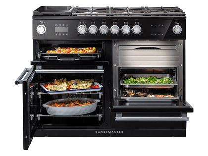 A black Rangemaster range cooker with all doors open to display all the different compartments