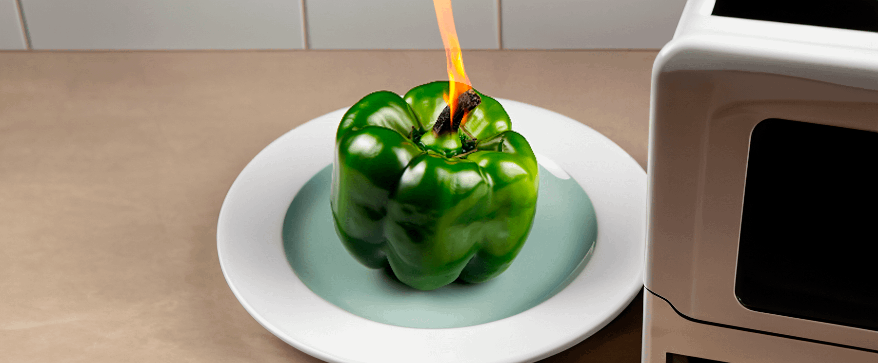Green bell pepper with stem on fire