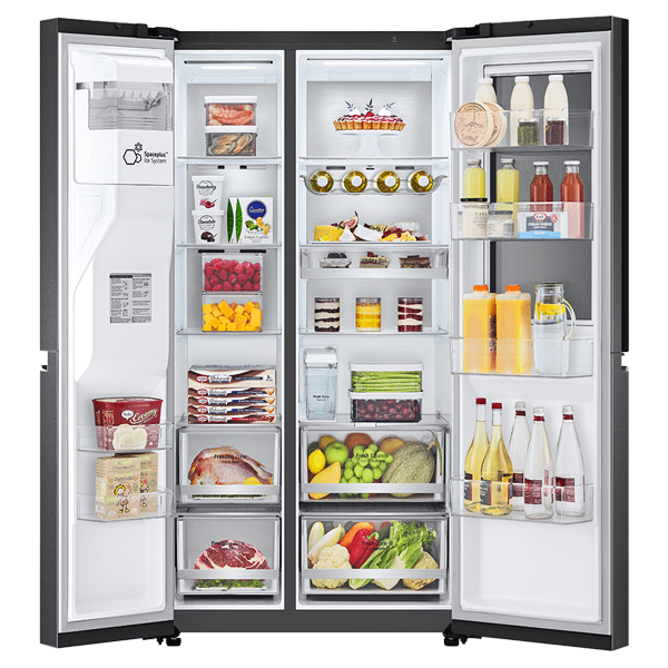 Open view of the LG GSXV91MCAE fully stocked with fresh food and drink as well as frozen meats and pizzas
