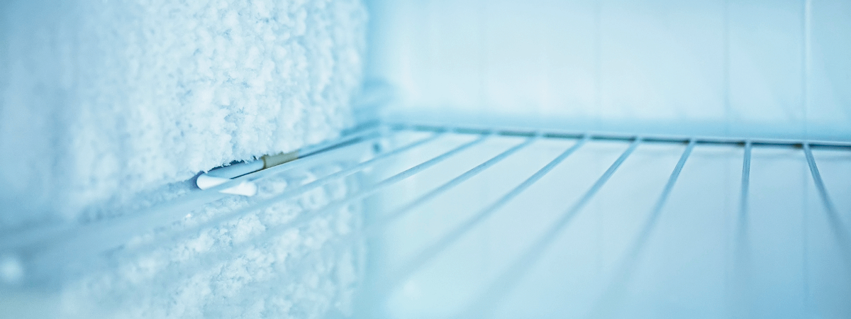An inside view of a freezer with frost build-up
