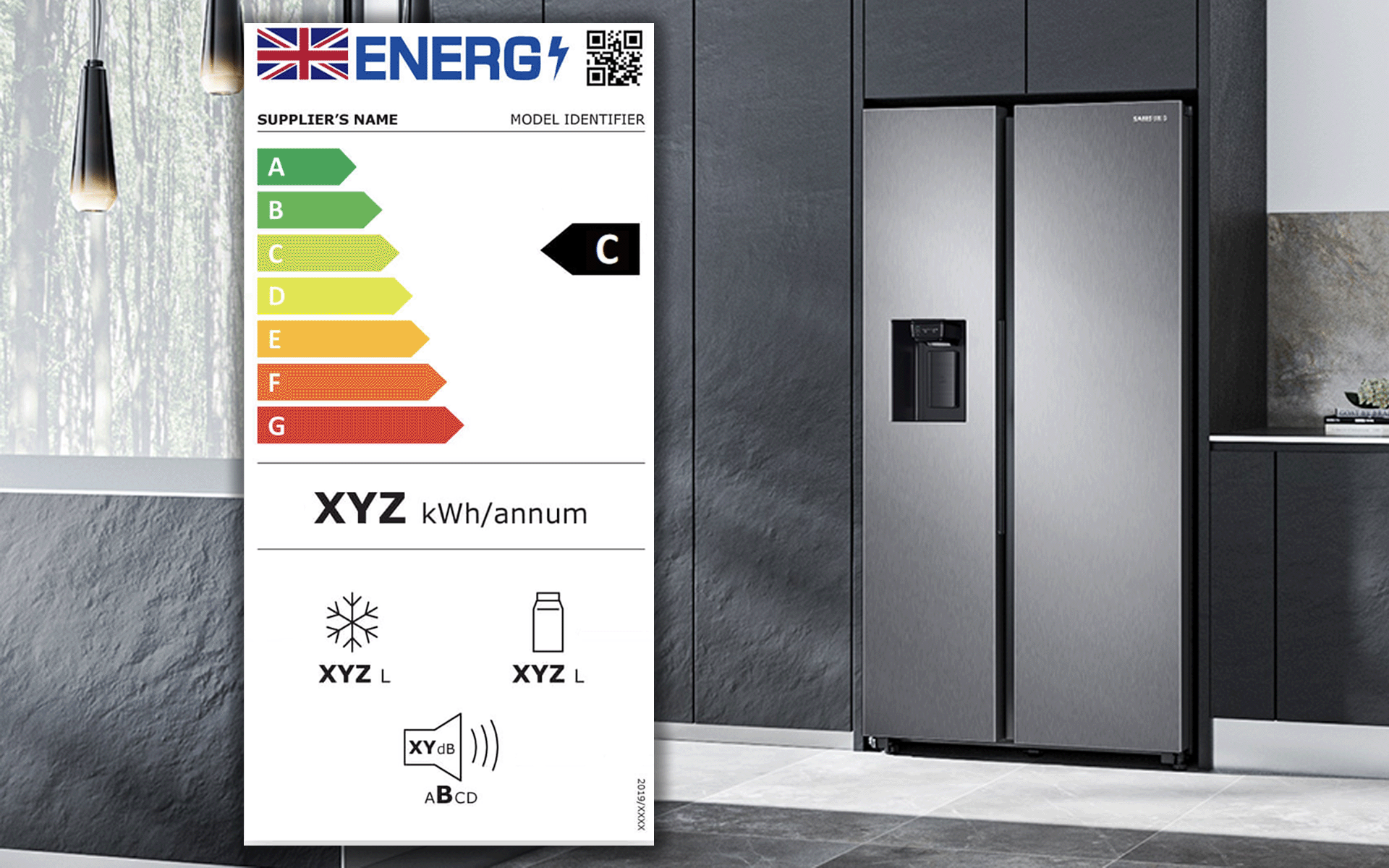 Samsung fridge freezer lifestyle image with an example energy efficiency label guide