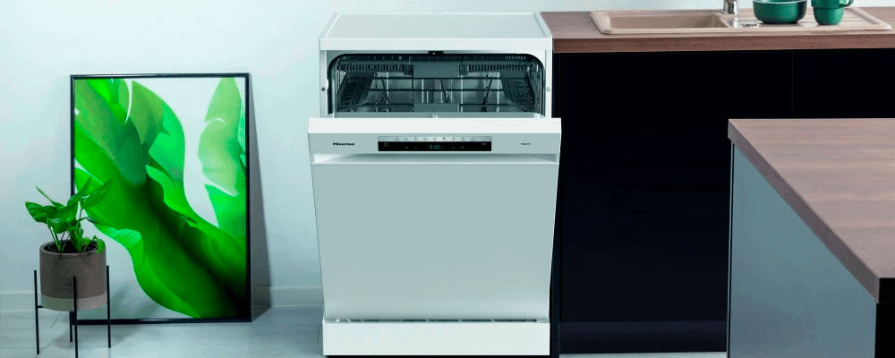 Hisense freestanding dishwasher shown in minimalistic kitchen with white wall background.