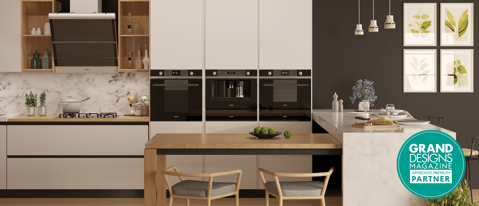 A Smeg kitchen roomset featuring built in appliances and an extractor. The image also shows the Grand Designs Magazine Approved Premium Partner logo.