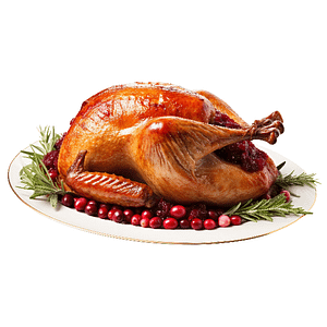 Roast turkey with cranberries on white background