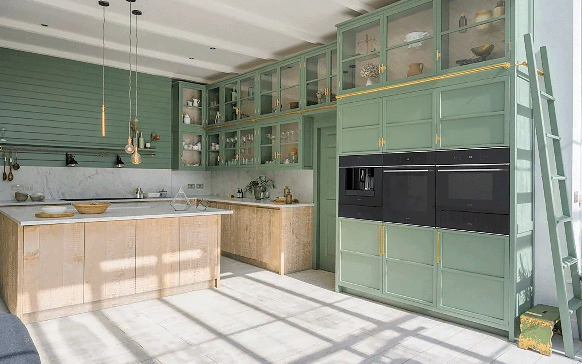 Green kitchen with 3 Caple built-in ovens