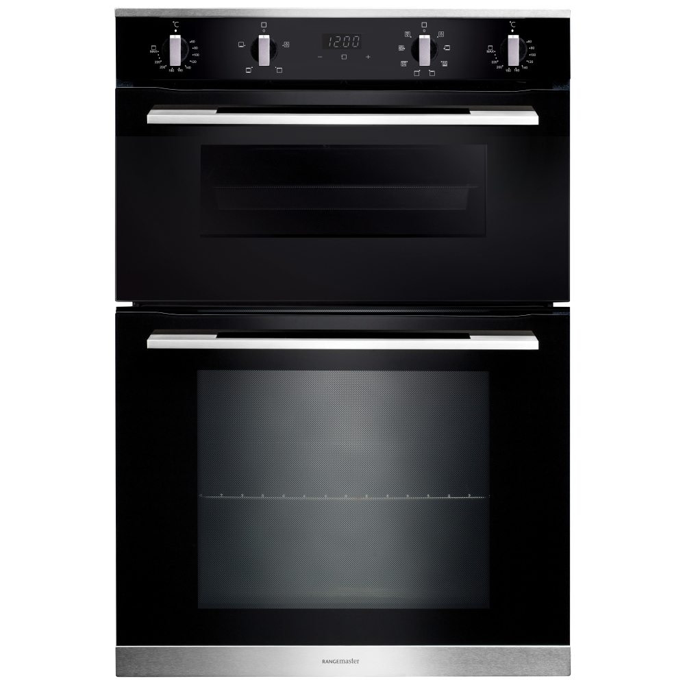 Black double built-in oven with silver buttons and handles