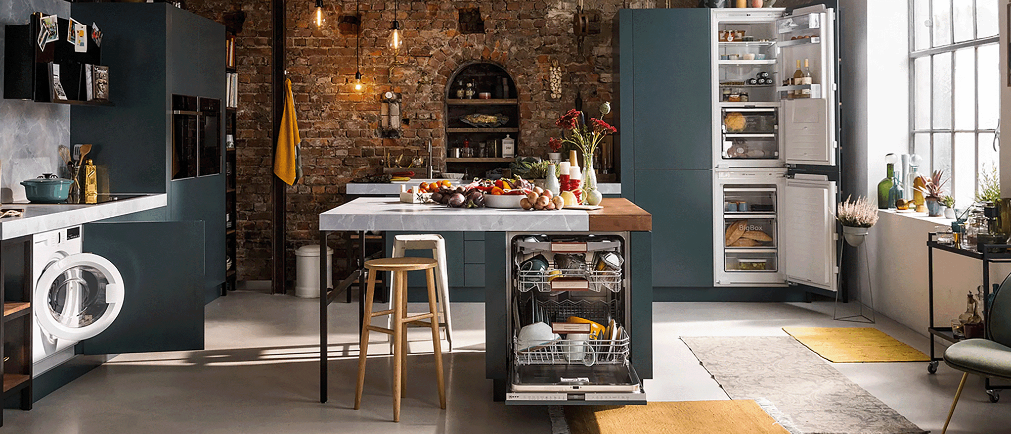 Image feature a rustic contemporary styled kitchen with Neff appliances