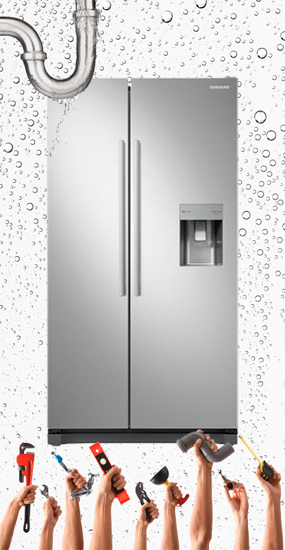 American Style Fridge Freezer with water drop background, a wet water pipe in the top corner and hands reaching up from the bottom holding plumbing tools