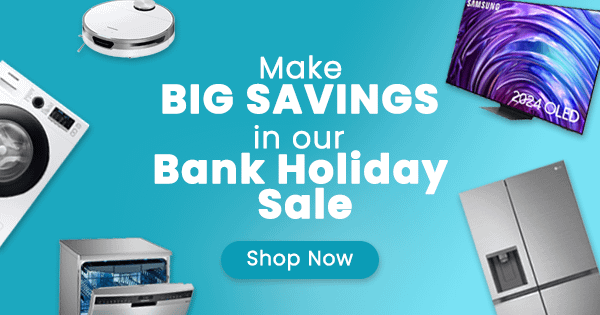 A sky blue background featuring images of floating appliances. The text says 'Make Big Savings in our Bank Holiday Sale'