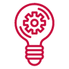 Red icon of a lightbulb with a cog inside it