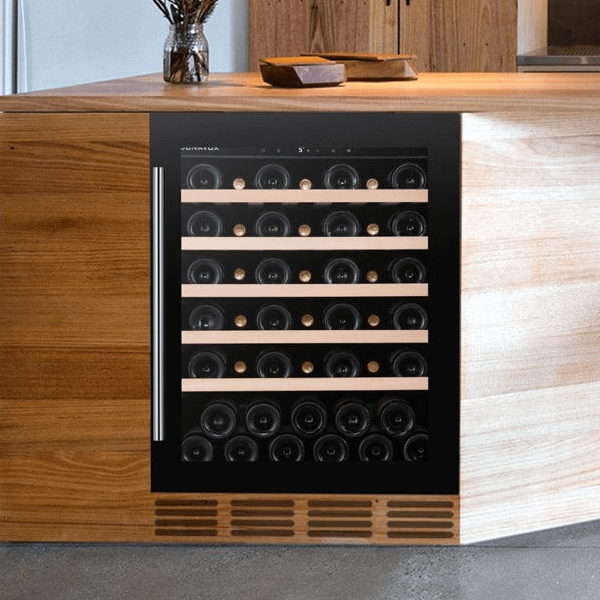 Freestanding Dunavox wine cooler semi-integrated into wooden cabinetry