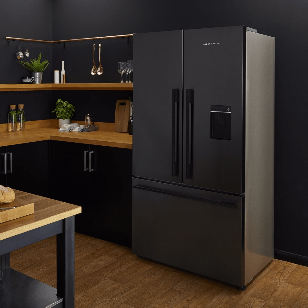 Black Fisher & Paykel American style fridge freezer in small kitchen