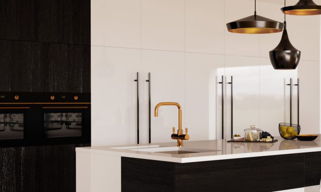 The Franke Omni 3-in-1 boiling water tap in gold finish.