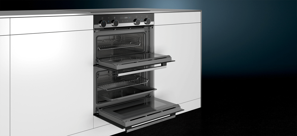 A Siemens under-counter multifunction double built-in oven in black