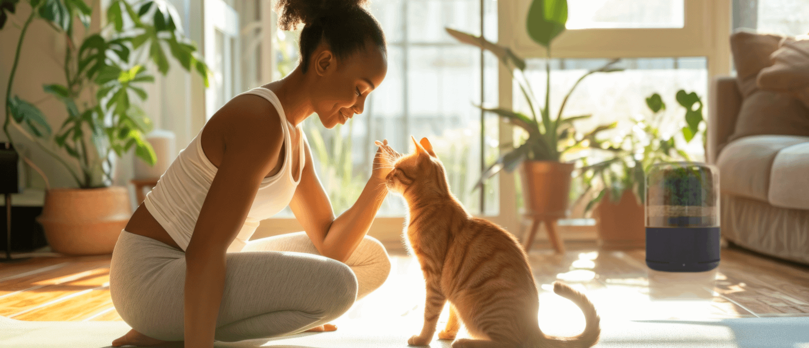 Woman petting a cat on a yoga mat, plants and Briiv air purifier are in the background