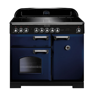 rangemaster range cooker in blue, with silver handles