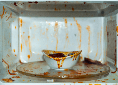 Red sauce that has exploded in a white microwave