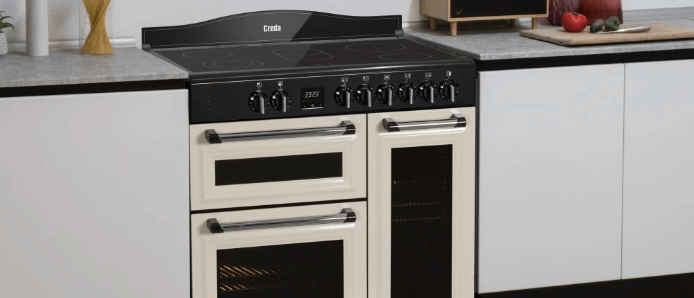 Creda range cooker installed in a white kitchen