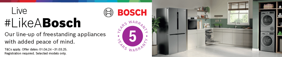 5 Year Warranty offer on selected Bosch freestanding appliances.