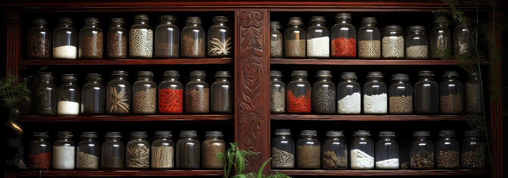 Shelves full of herbs and spices in little jars