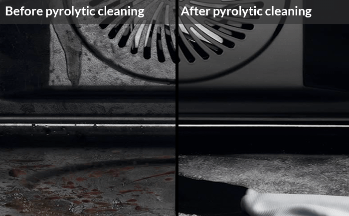 A pimage of the inside of an oven, on the left it is dirty and on the right it is clean, this is showing the difference of before pyrolytic cleaning compared to post-pyrolytic cleaning