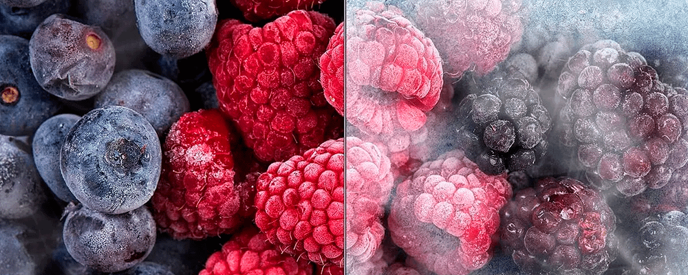 Samsung's image showing different between frost free and non frost free freezers on berries.