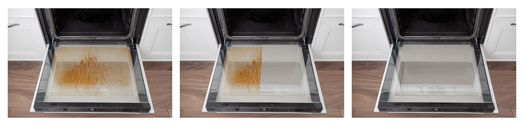 Three stages of cleaning an oven door