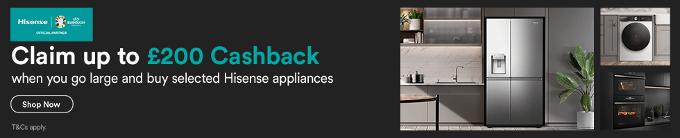 Hisense: Claim up to £200 cashback message next to three images. A kitchen with an American style fridge freezer, and a utility room featuring a washing machine and a built in oven.