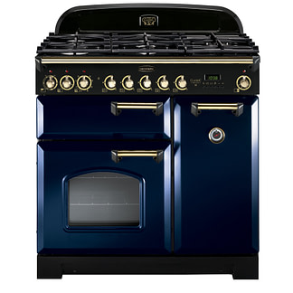 rangemaster range cooker in blue with brass handles