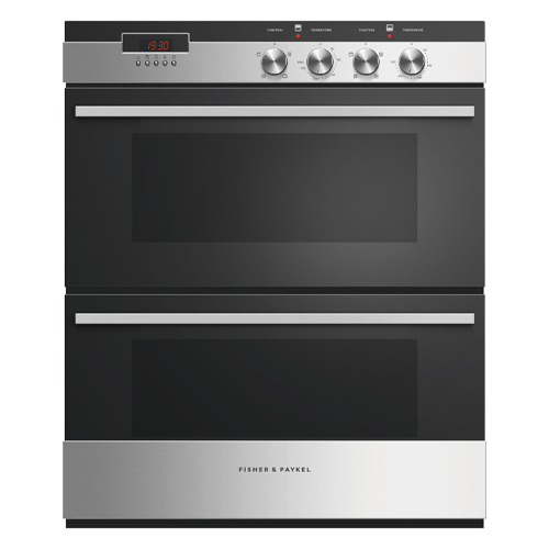A Fisher and Paykel built-under double oven in black with stainless steel handles and frame