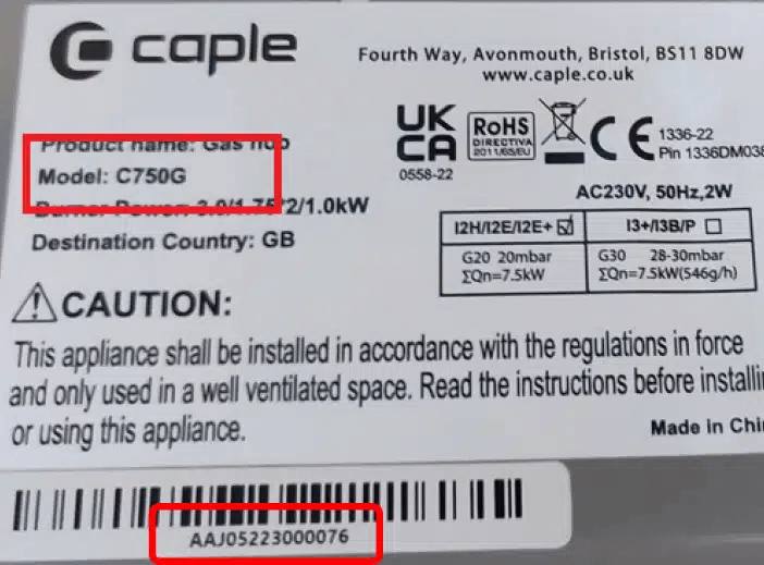 Caple model number label