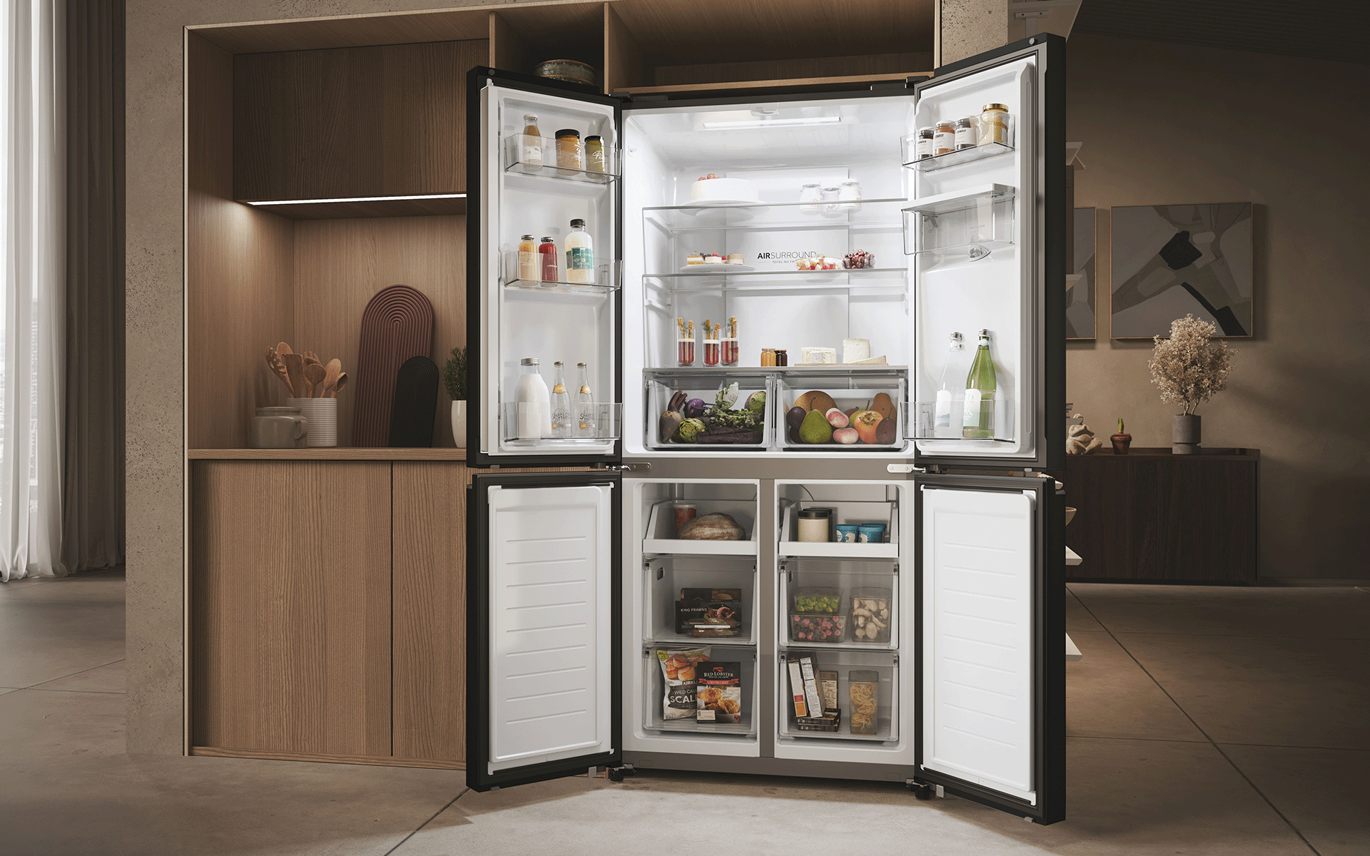 Haier American Fridge Freezer with all 4 doors wide open.