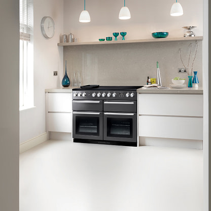 Lifestyle image of rangemaster range cooker in minimalist kitchen