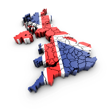 3D graphic of the map of the UK, with union jack flag overlayed