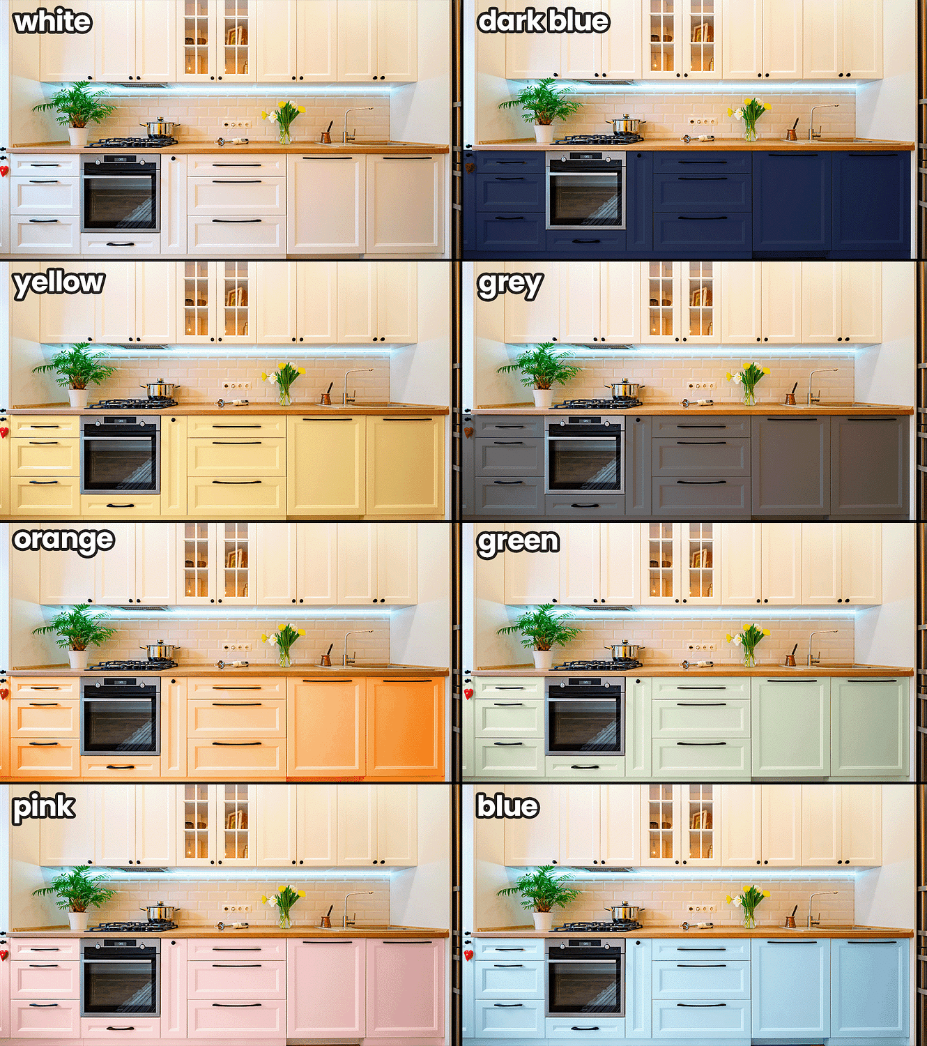 8 versions of the same kitchen cabinets in 8 different colours: white, yellow, orange, pink, dark blue, grey, green, and blue.